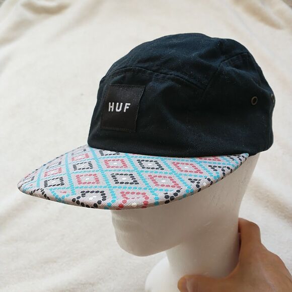 HUF Hex Volley Cap Hat Unisex OS Black Diamond Bill Cotton Logo Strap Back USA - Picture 1 of 12